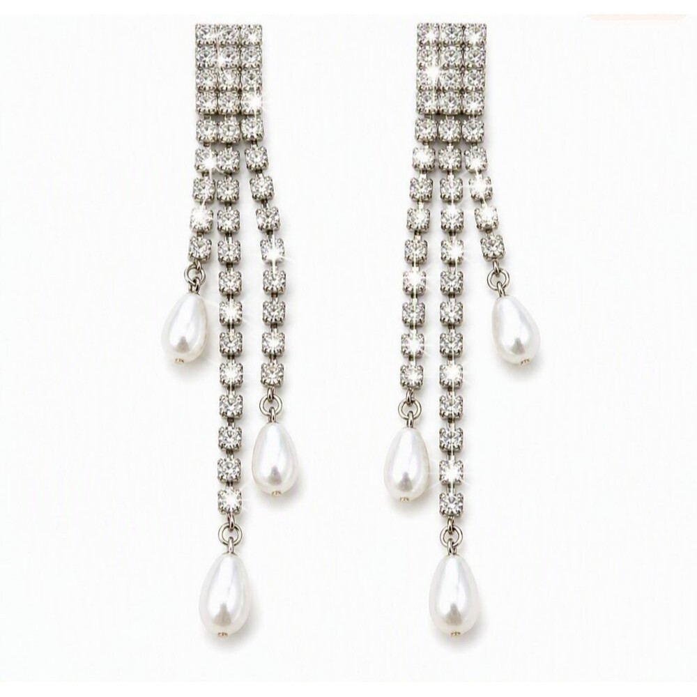 Vtg Style Silver Tone Metal Faux Pearl & Colorless Rhinestone Dangle Earrings